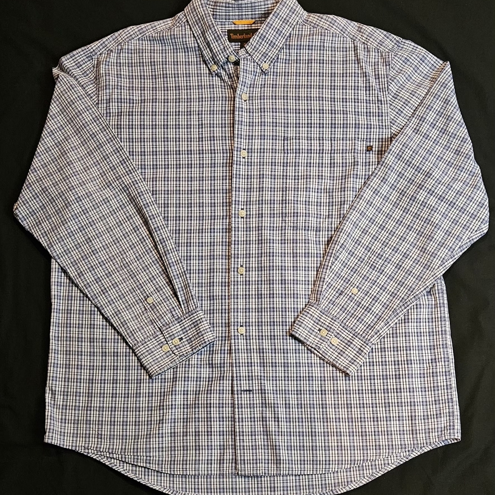 Timberland Men's White and Blue Plaid Button Down Shirt